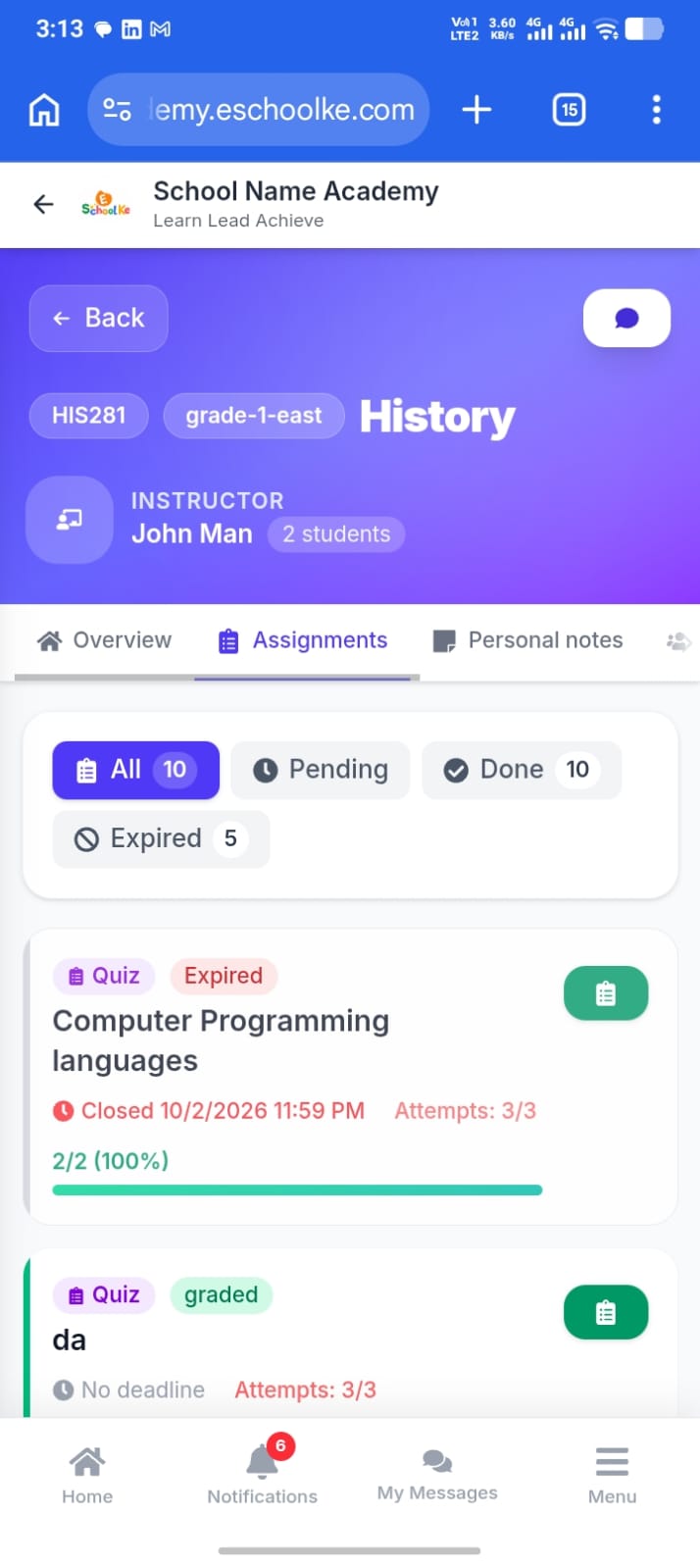 Subject assignments section